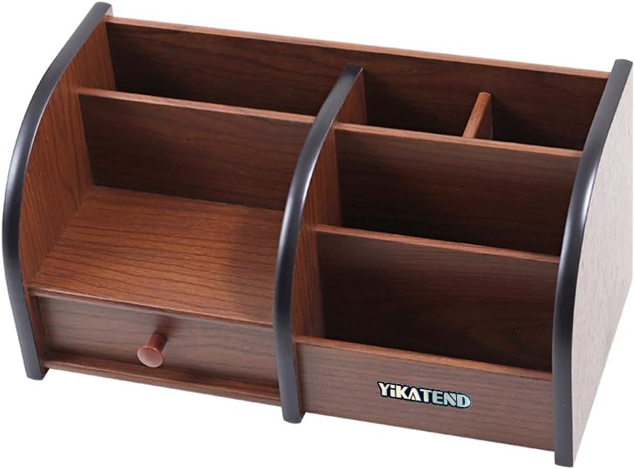Wooden Desk Organizer with Drawer, Multi-Compartment Desktop Storage for Office Supplies, Remote Control, Phone, Makeup & Accessories by Unknown