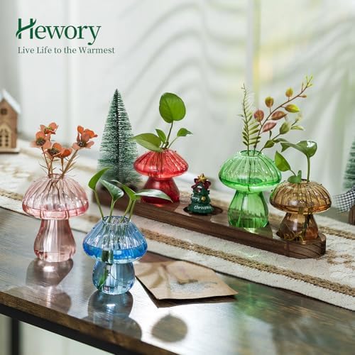 Hewory Plant Propagation Station: 5PCS Colored Mushroom Vase with Wood Tray - Image 3