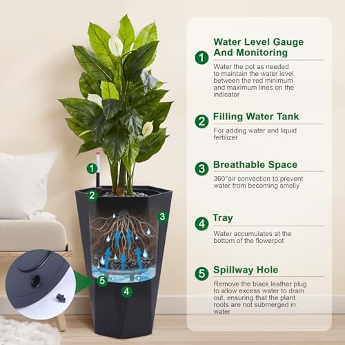 22.5" Tall Planters Set of 2, Self-Watering Planter, Outdoor Planters - Image 3