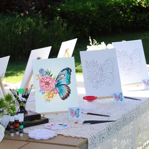 Cholemy 8 Set Paint and Sip Kit for Adults 8'' x 10'' Pre Drawn Canvas with Wooden Easels Acrylic Paint Brushes Wash Cup Palette Apron for Painting DIY Date Night Party Supplies(Butterfly) - Image 2