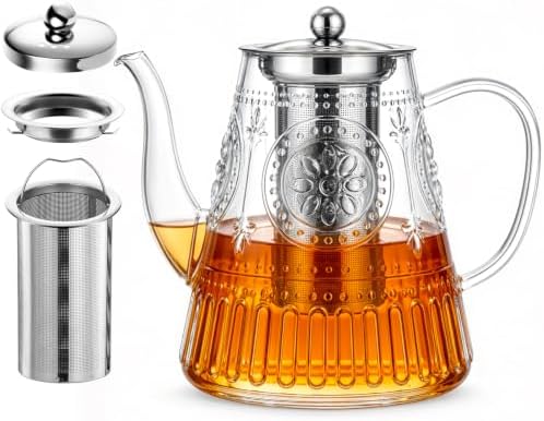1500ml/52oz Large Glass Teapot, Zpose Vintage Tea Pot with Infuser for Loose Tea, Stovetop Glass Tea Kettle with strainer for 6-7 Cups by zpose