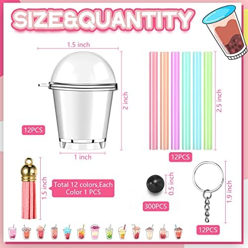 Cunno 348 Pcs Mini Milky Tea Keychain Accessories Bubble Tea Cream Glue Casting Includes Keychain Rings Mini Cup Pendant Charm Straws Assels, 12 Pcs Each, 300 Bubble Beads for DIY Crafts(Bright Color) - Image 2
