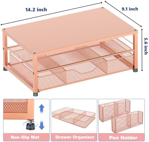 OPNICE Desk Organizer and Accessories, 2-Tier Computer Monitor Stand Riser with Drawer and 2 Pen Holders, Laptop Stand, Office Desk Accessories for Office Supplies, Rose - Image 3