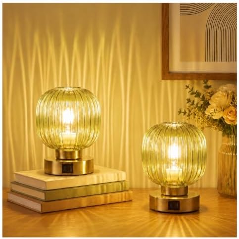Elenhome Touch Table Lamp Set of 2, 3-Way Dimmable with Glass Shade, USB-C+A Charging Ports, Mid-Century Modern Small Bedside Lamps for Nightstand, Bedroom, and Living Room, LED Bulb Included (Green) by Elenhome