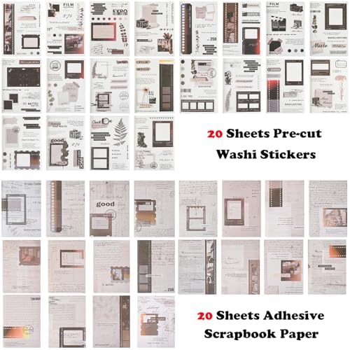 Vintage Washi Stickers Book for Journaling, 180pcs Aesthetic Film Journal Stickers and 20 Sheets Adhesive Scrapbook Papers for Junk Journal Supplies Ephemera Sticker Book for Adults DIY Art Crafts - Image 2