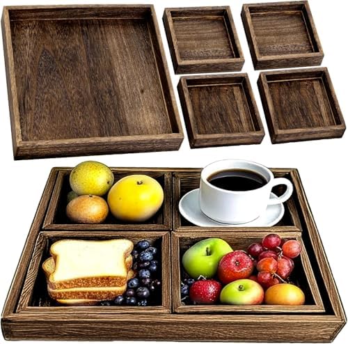 5-Piece Wooden Serving Tray Set for Ottoman,Breakfast in Bed,Coffee Table - Image 6