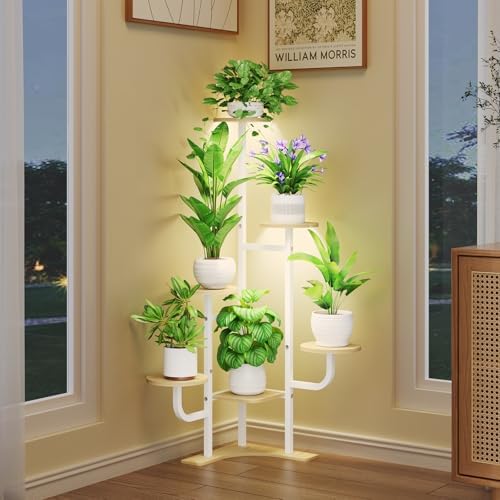 Homsorout Corner Plant Stand with Grow Light - 6 Tier Plant Stand Indoor Round Metal Plant Shelf with Adjustable Light, Plant Organizer for Living Room, Garden, Home Decor, Maple by Homsorout