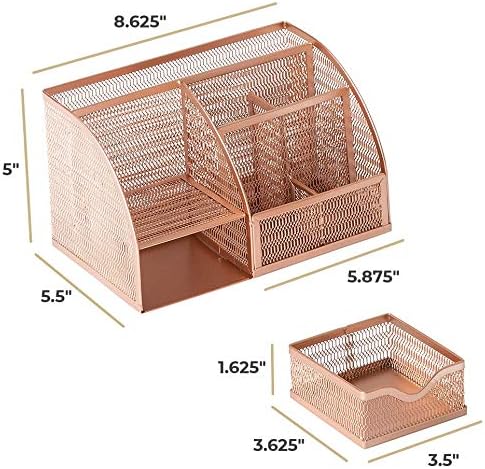 BLU MONACO Rose Gold Mesh Metal Desk Organizer with Drawer – 6 Compartments for Office Supplies & Accessories - Image 6