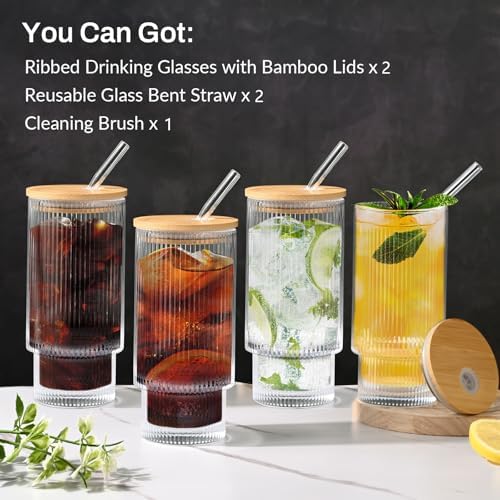 16OZ Ribbed Glass Cups with Lids and Straws,Iced Coffee Cups with Bamboo Lid,Vintage Glassware for Whiskey Cocktail Beer Fruit Juice Glasses Tumbler(2 Pack) - Image 7
