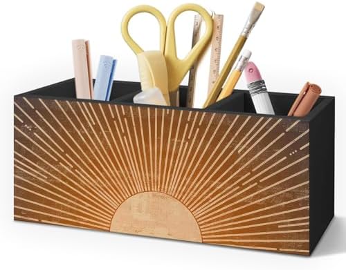 Vintage Boho Sun Wooden Pen Pencil Holder for Desk Accessories, Boho Office Decor, Retro Mid Century Modern Sunshine Wood Makeup Brush Toothbrush Holder Organizer for Vanity Bathroom by Unknown