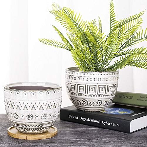 VanEnjoy 5.5 inch Large Round Bohemian Style Ceramic Planter, Geometry Engrave Off White Brown Succulent Planter Flower Pot, Indoor Outdoor Decorative Planter - Image 7