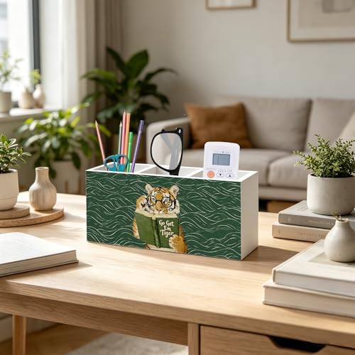 Funny Motivational Tiger Reading Pen Pencil Holder Organizer for Desk Accessories, Book Lover Reader Gifts, Eclectic Green Japandi Animal Bookish Wood Signs for Reading Nook Room Library Decor - Image 5