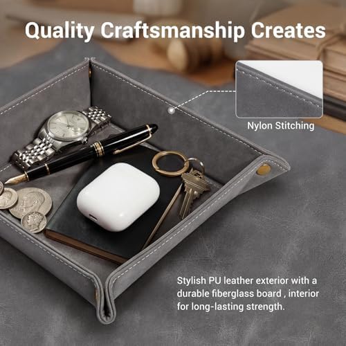 CoBak Leather Valet Tray, PU Leather Catch-All Tray for Entryway,Gray - Image 3