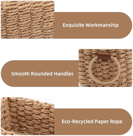 Small Wicker Rope Baskets Set of 3, Eco-Friendly Soft Woven Storage Organizing Baskets with Handle, Decorative Square Basket for Home, Shelves, Bathroom ﻿ - Image 3