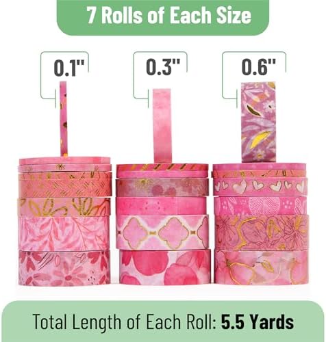 Mr. Pen- Washi Tape Set, 21 Rolls, Assorted Sizes, Floral Pink - Image 4
