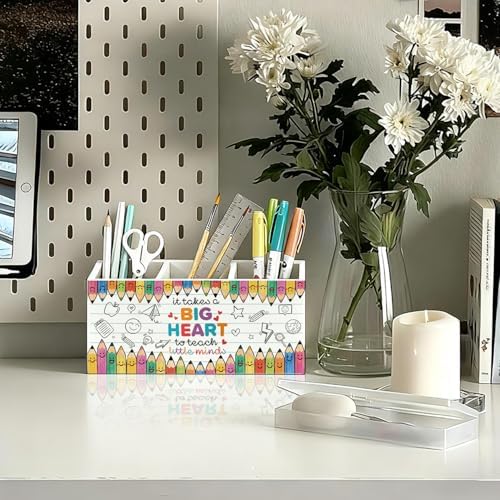 Teacher Pen Pencil Holder for Desk, Teacher Appreciation Gifts, It Takes a Big Heart to Help Shape Little Minds Wooden Box Sign Decorations for Office Classroom Desk Tabletop - Image 2