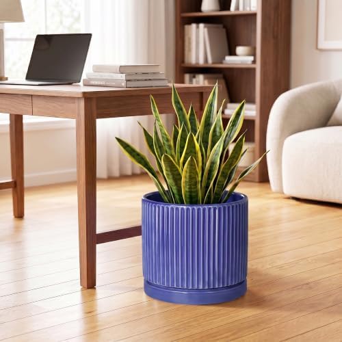 Ceramic Plant Pots 10 Inch, Round Pots for Plants with Tray, Blue - Image 3