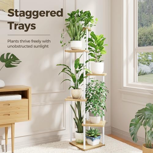 Bamworld White Plant Stand Indoor Tall Metal Wood Plant Shelf - Image 2
