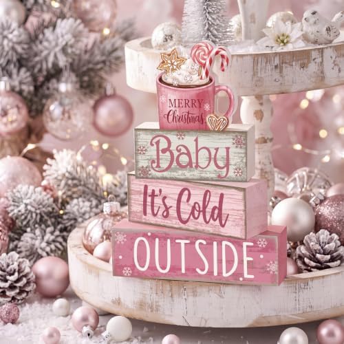 Moucuny 4 Pcs Pink Christmas Table Decor Wooden Hot Chocolate Cocoa Decor - Image 2
