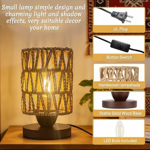 Rattan Small Bedside Table Lamp for Bedroom,Handmade Boho Desk Lamp for Small Spaces,Vintage Wicker Wooden Nightstand Farmhouse Bamboo Woven End Table Lamps for Living Room Kids Room,Bulb Included - Image 3