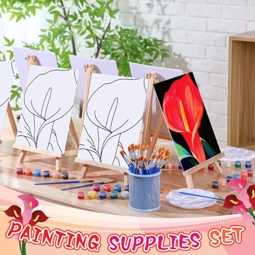Motipuns 6 Set Pre Drawn Canvas for Painting for Adults Sip and Paint Kit with Easels 8 x 10 Inches Paint Party Kit with Printed Canvas Paints Brushes Palette Apron(Calla Flower) - Image 2