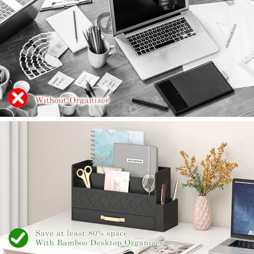 Wisuce Bamboo Mail Organizer Countertop with Drawer and Pen Holder, Black - Image 6