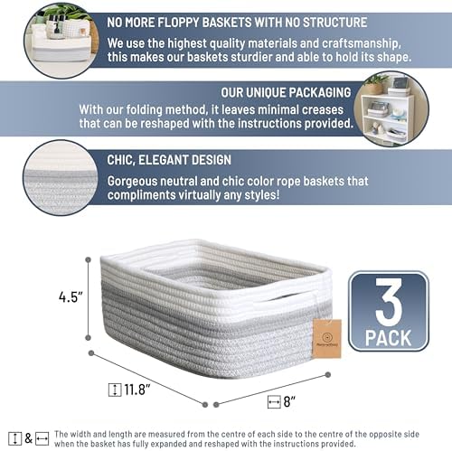 NaturalCozy 11.8"x8"x4.5” Storage Baskets for Shelves 3 Pack | Cotton Rope Woven Small Baskets for Organizing | Small Storage Bins for Nursery, Bathroom, Closet, Cube Shelf, Decorative, Gift Basket - Image 2