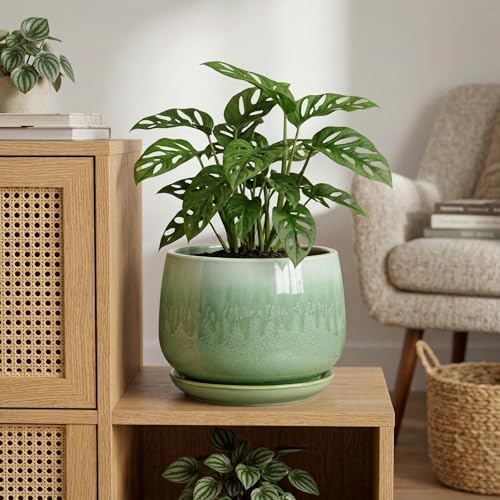 9 Inch Plant Pot - Ceramic Planter with Drainage Hole and Saucer, Decorative Ceramic Pots for Indoor Plants, Round Durable Flower Pot, Office House Patio Decor, Gifts for Plant Lovers, Green - Image 4