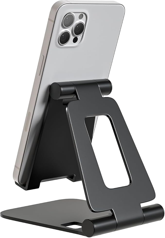 Cell Phone Stand for Desk Phone Holder Foldable Portable Adjustable Cradle Dock Compatible with iPhone 15 14 13 Pro Max, iPhone 12 11 Plus SE XS XR 8 7, Office Desk Travel Accessories, Black