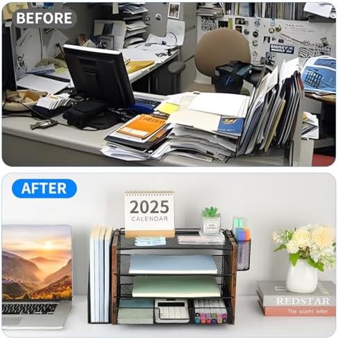 OPNICE Desk Organizer, 4-Tier Desktop File Organizer with Drawer and Pen Holders, Office Desk Accessories, File Sorters, Workspace Organizers for Office Supplies(Brown Wood) - Image 5