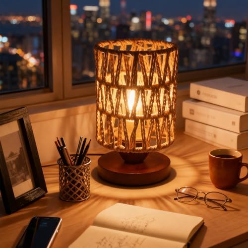 Handmade Rattan Lamp Farmhouse Table Lamp for Bedroom, Rustic Woven Lamps for Night Stands with Warm White LED Bulb, Boho-Inspired Boho Lamp for Living Room Kitchen Nook, 12cm Shade 20cm Height by DKCONONY