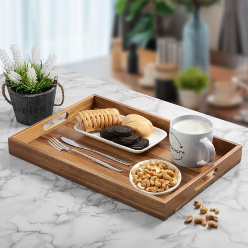 17 Inch Acacia Wood Serving Tray with Handles - Large Wooden Tray for Ottoman, Breakfast in Bed, Dinner, Coffee Table - Decorative Rectangular Tray for Living Room Bedroom Entryway and Kitchen - Image 2