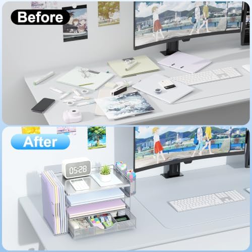 gianotter Wood Desk Organizers and Accessories with File Holder, 4-Tier Desk Accessories & Workspace Organizers with Drawer and 2 Pen Holder, Desk Reference Organizer (Grey, 4T with Metal Drawer) - Image 2