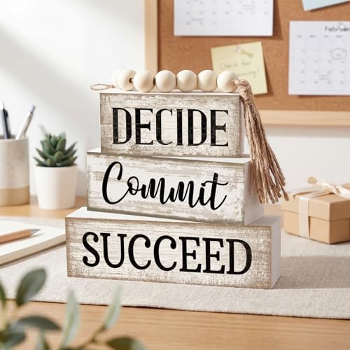 Moucuny 4 Pcs Rustic Wooden Office Shelf Decor Block Signs Farmhouse - Image 2