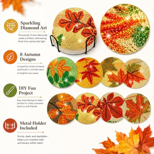 Demonwer 8 Pieces Vintage Fall Maple Leaves Diamond Art Coasters with Holder DIY Fall Maple Leaves Diamond Art Coasters Acrylic Round Cup Coaster for Adults - Image 4