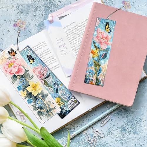 Puraikcmi 6 PCS 5D DIY Diamond Art Bookmarks,Butterflies and Flowers Diamond Painting Bookmarks Kits with Tassels Acrylic, Rhinestone Crafts Decoration Gift Set for Book Lovers Beginners & Adults - Image 2