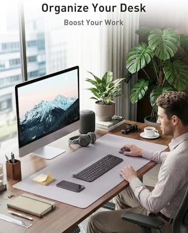 Aothia Faux Leather Desk Mat - Non-Slip PU Leather Desk Blotter, Waterproof Writing Surface, Large Desk Pad for Office & Home (Smoky Lavender, 55" x 17") - Image 3