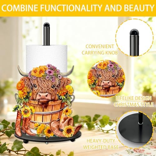 Highland Cow Paper Towel Holder, Highland Cow Decor for Countertop Cute Farmhouse Sunflower Decor for Home Table, Housewarming Birthday Gifts for Farm - Image 4