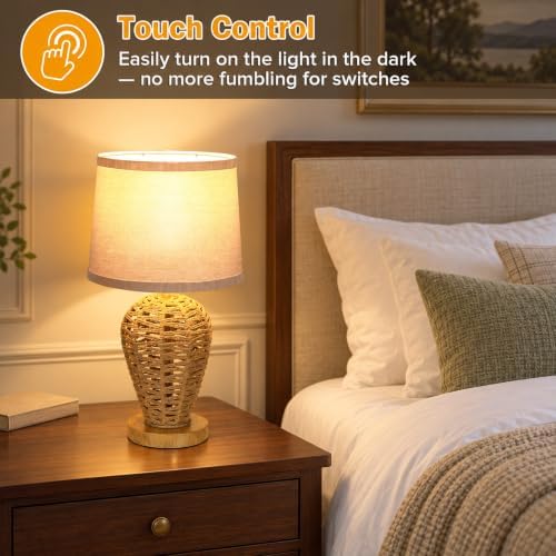 19" Boho Table Lamp with 100% Hand Woven Rattan Body & Wood Grain Finish - Image 2