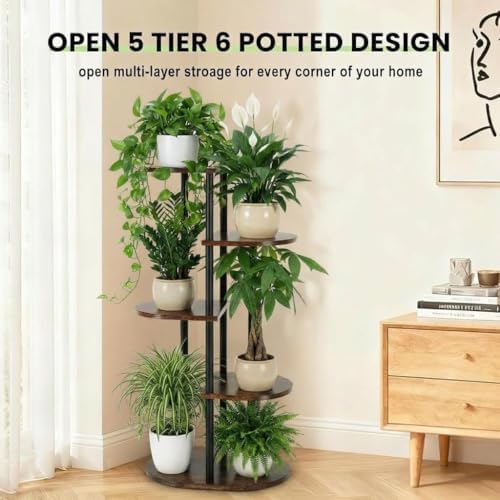 Tiered Plant Stand Indoor, Tall 5 Tier 6 Potted Wooden Plant Shelf for Multiple Flower Plants, Multi Corner Metal Plant Holder Indoor for Patio Garden Patent Design Living Room Balcony Bedroom, Rustic Brown - Image 4