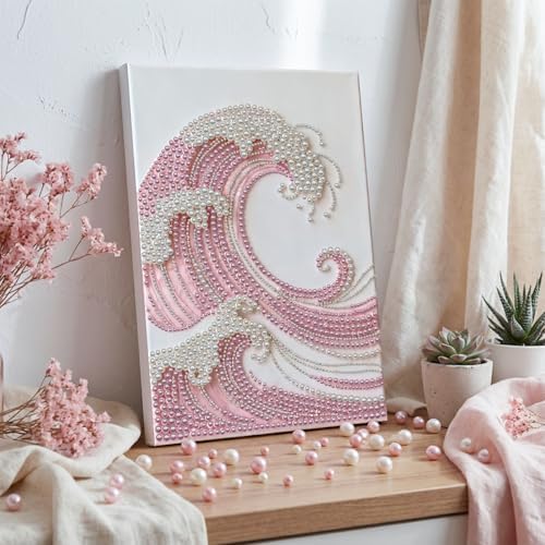 LQCrafK DIY Pearl Art Painting Handcraft Kit for Adults Beginners, Creative Design, Healing Stress-Relieving Home Wall Decoration, with Framed Painting and Tools-Pink Waves - Image 2
