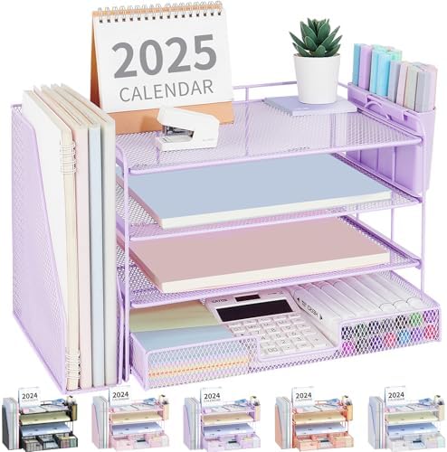 OPNICE Desk Organizer, 4-Tier Desktop File Organizer with Drawer and Pen Holders, Office Desk Accessories, File Sorters, Workspace Organizers for Office Supplies(Purple) by OPNICE