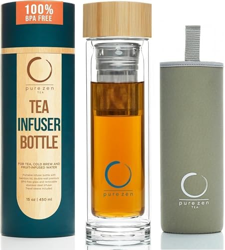 Pure Zen Tea Glass Tea Infuser Bottle, Leakproof, Tea Tumbler with Infuser by PureZenTea