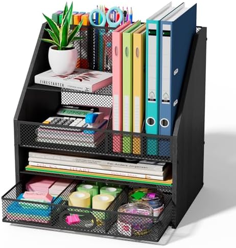 Homsorout Wooden Desk Organizer - Mesh File Organizer with Drawers and Pen Holder - 4-Tier Vertical Paper Letter Storage Tray, Desktop Organizers and Accessories for Home Office (Black by Homsorout