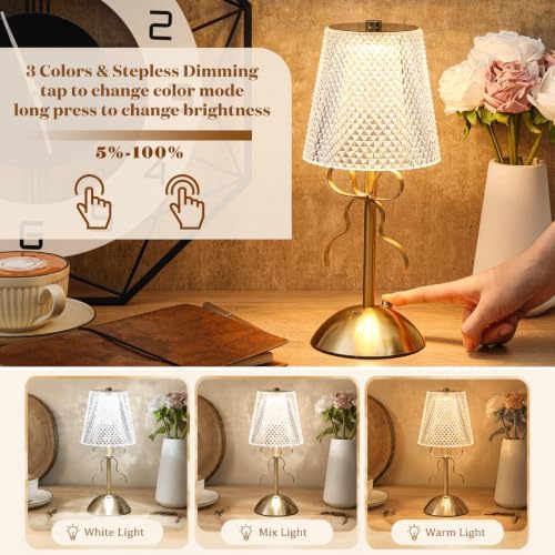 Liliful 2 Pcs Cordless Table Lamp LED Touch, Gold, Crystal Cut Style Bow - Image 4