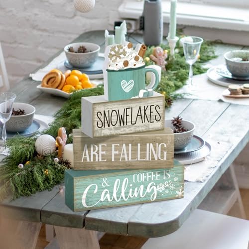 Moucuny 4 Pcs Wooden Block Signs Farmhouse Table Decor Winter Coffee Cup - Image 5