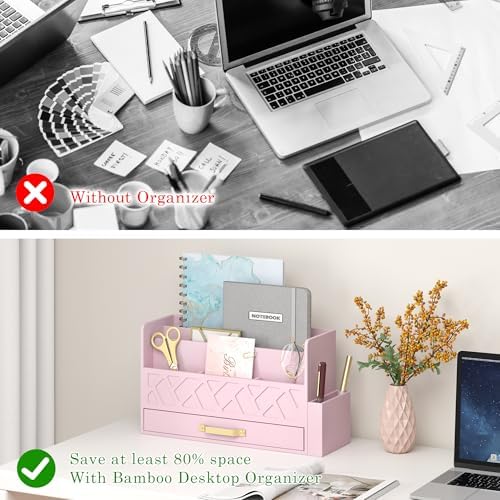 Wisuce Bamboo Mail Organizer Countertop with Drawer and Pen Holder, Pink - Image 6