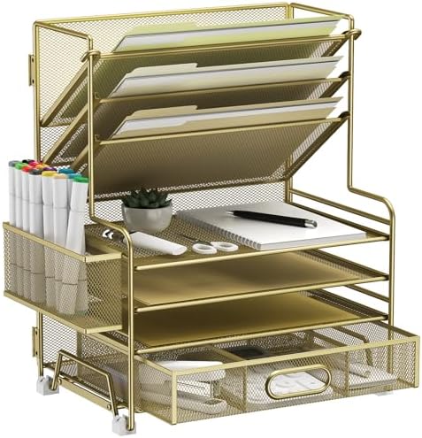 MINDEPOT 4-Tier Paper Organizer + 3-Pocket File Holder + Drawer + Pen Holders, Desktop File Organizers Paper Tray for Office Supplies School Classroom Organization (Gold, with Drawer & Pen Holder) by MINDEPOT