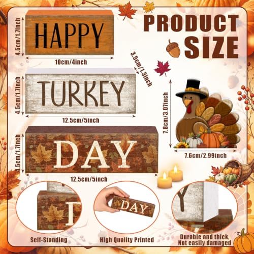 Moucuny 4 Pcs Fall Table Decor Wooden Signs Happy Turkey Day Blocks - Image 3