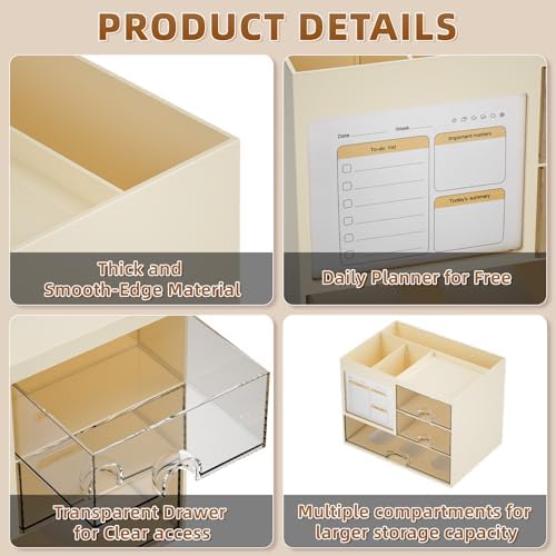 Marbrasse Desk Organizer with 3 Drawer, Multi-Functional Pencil Pen Holder for Desk, Desktop Organizer Storage for Office Home Art Supplies (Beige) - Image 6